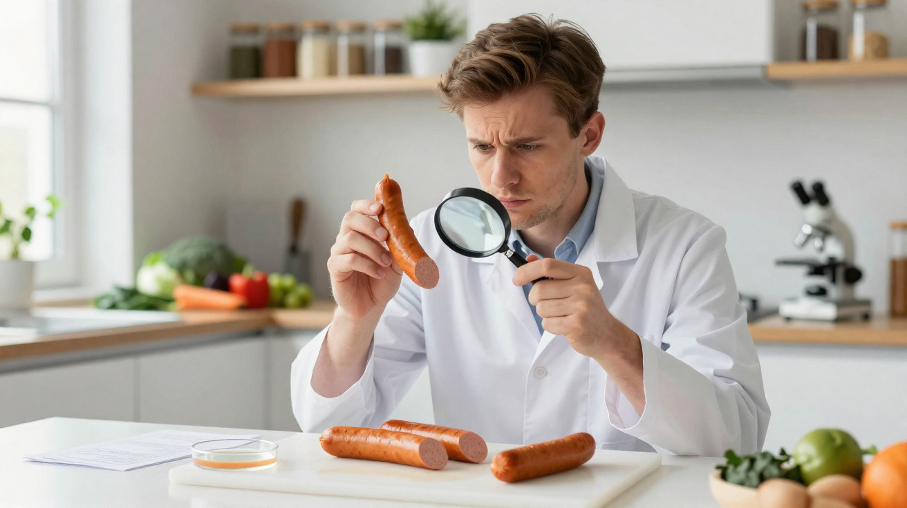 Cientista numa cozinha a examinar salsichas com uma lupa, com vários legumes e equipamento de laboratório ao fundo.