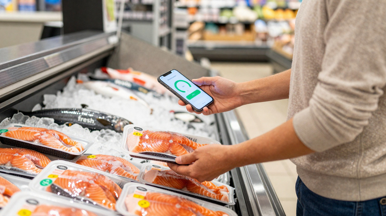 Pessoa a usar telemóvel para verificar informação sobre salmão embalado num supermercado.