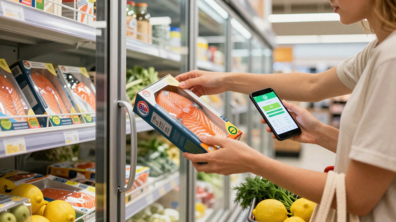 Pessoa a segurar embalagem de salmão fresco num supermercado, com telemóvel na outra mão e cabaz com frutas.