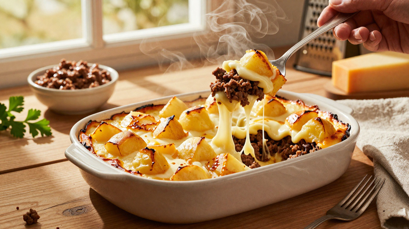 Gratinado de carne picada com batatas e queijo derretido servido numa travessa branca.