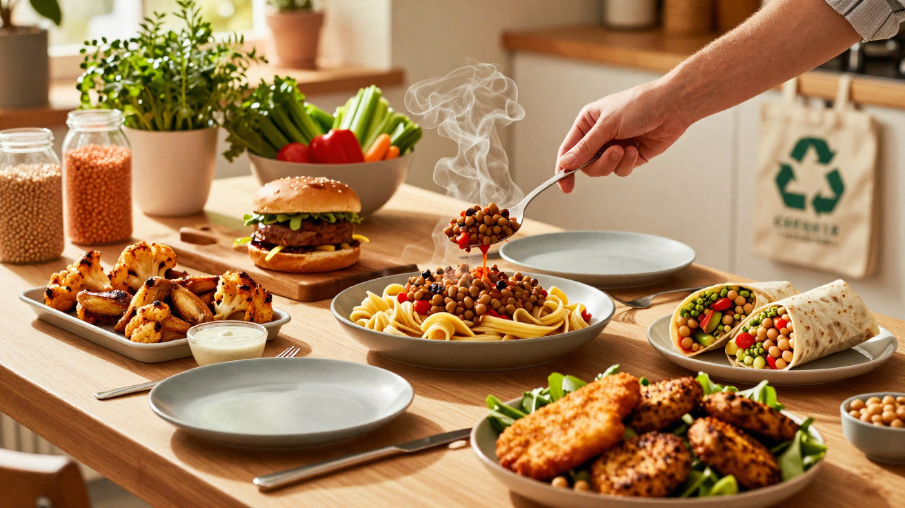 Mesa posta com variedade de pratos saudáveis incluindo hambúrguer, legumes, massa e wraps vegetais.