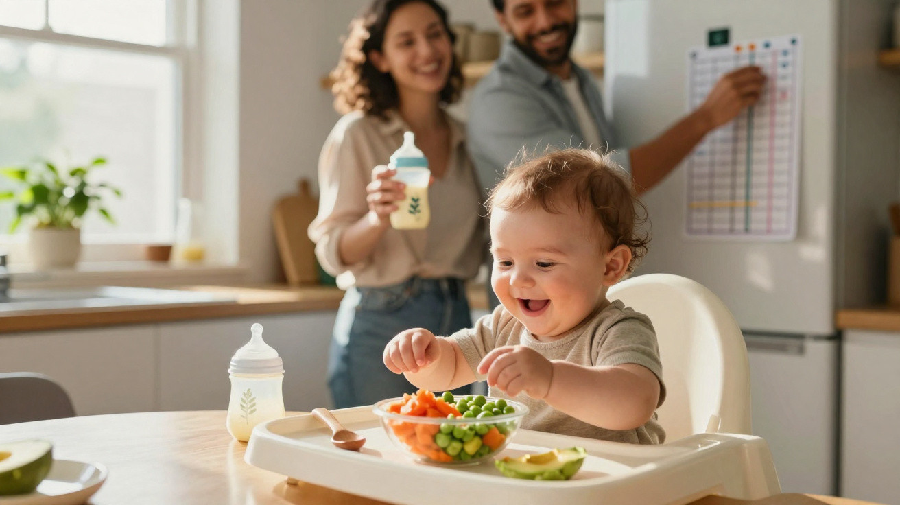 Bebé feliz a comer legumes no cadeirão, com pai e mãe sorridentes ao fundo na cozinha.