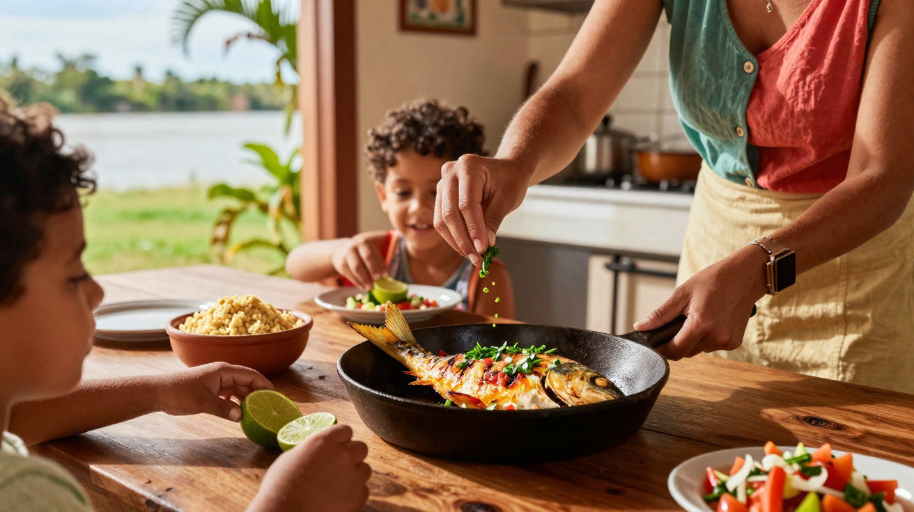Pessoa a temperar peixe grelhado numa frigideira enquanto duas crianças estão à mesa com comida à sua frente.