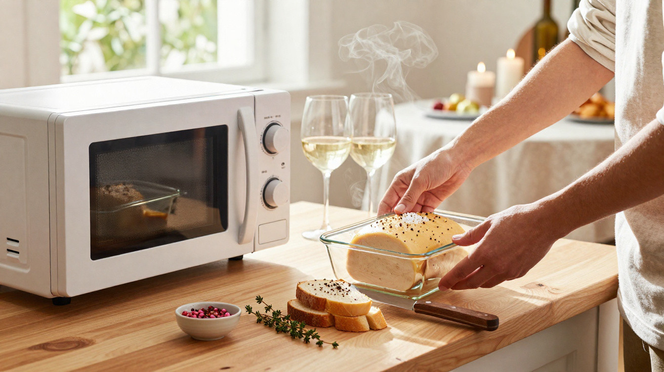 Mãos a retirar pão quente com sementes de um recipiente de vidro ao lado de micro-ondas, copos de vinho e velas.