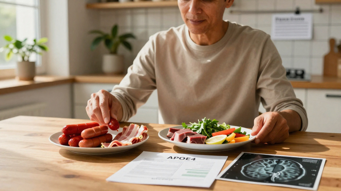 Pessoa sentada à mesa a escolher entre pratos com alimentos processados e alimentos naturais, com exames médicos ao lado.