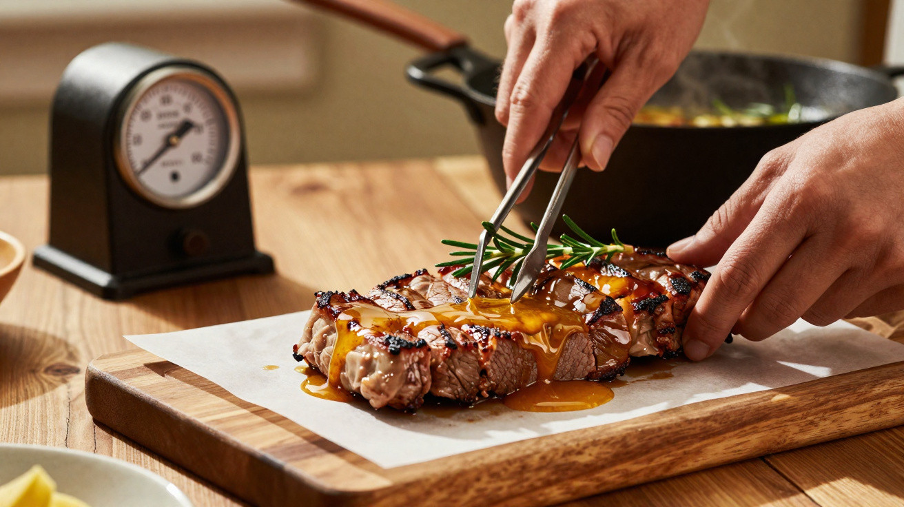 Mãos a preparar bife suculento com molho e alecrim numa tábua de madeira numa cozinha.