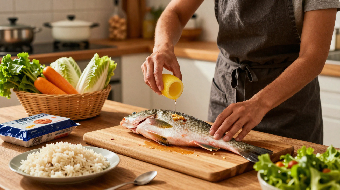 Pessoa a temperar peixe inteiro com óleo numa cozinha, com arroz e legumes frescos ao lado.