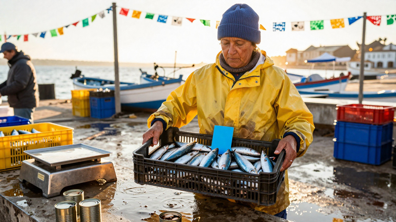 Pescador com roupa amarela segura caixa de peixe fresco num porto com barcos ao fundo durante o dia.