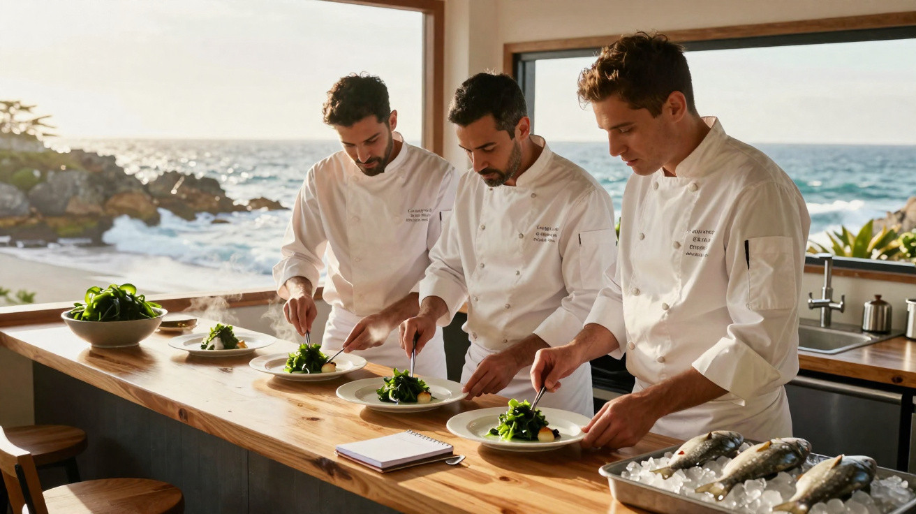 Três chefs em cozinhas com vista para o mar a preparar pratos com salada verde.