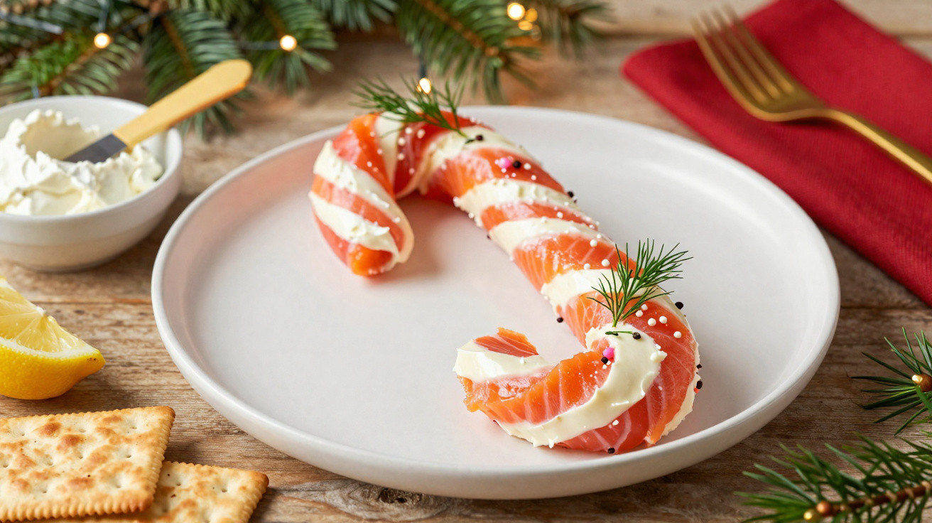Doce em forma de bengala de Natal com salmão fumado e queijo creme, decorado com endro e ovas.