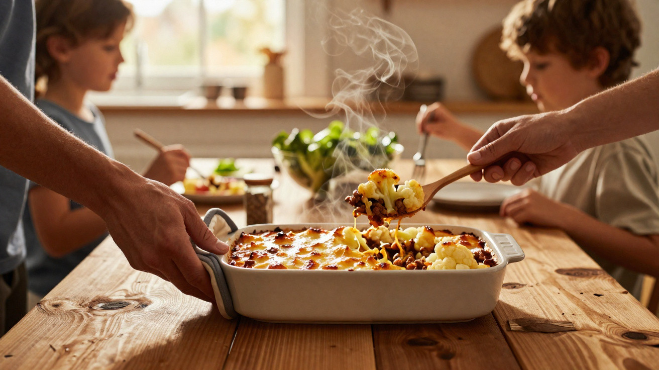 Mãos a servir uma caçarola fumegante de comida caseira numa mesa de madeira com crianças ao fundo.