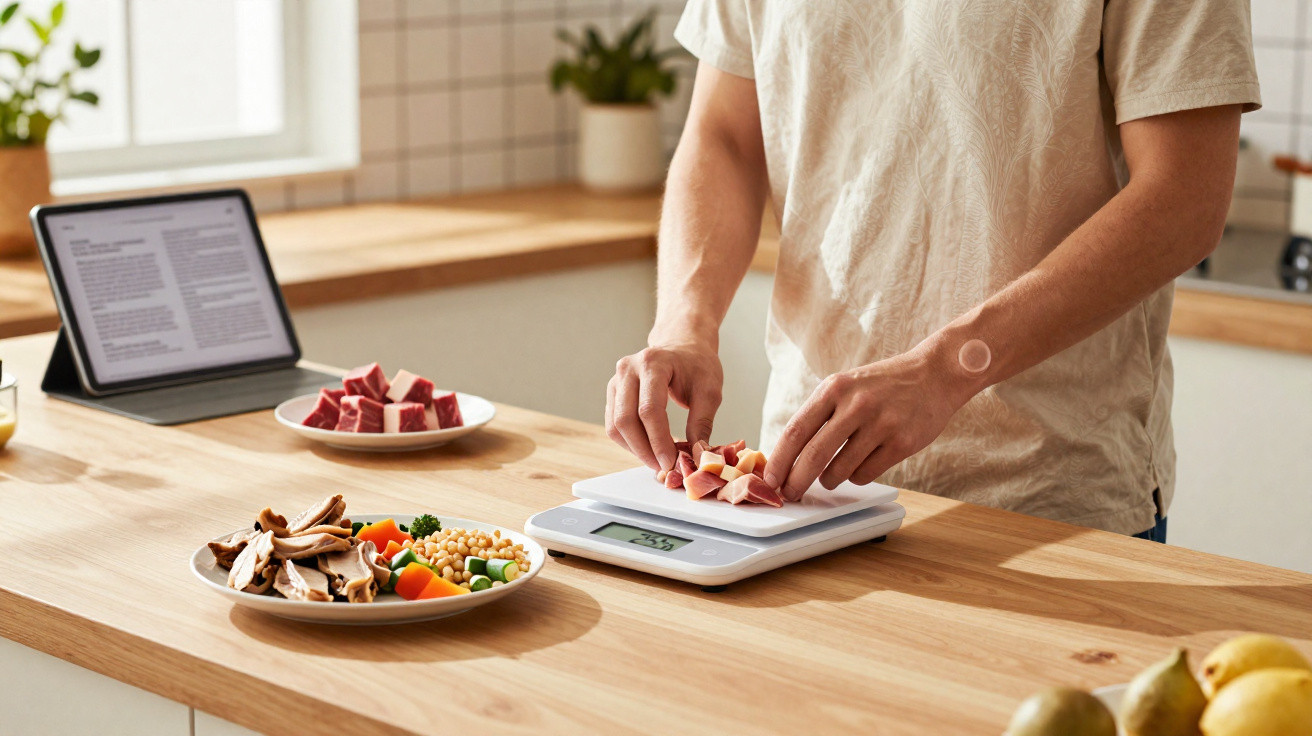 Pessoa a pesar pedaços de fiambre numa balança digital na cozinha com alimentos e tablet na bancada.