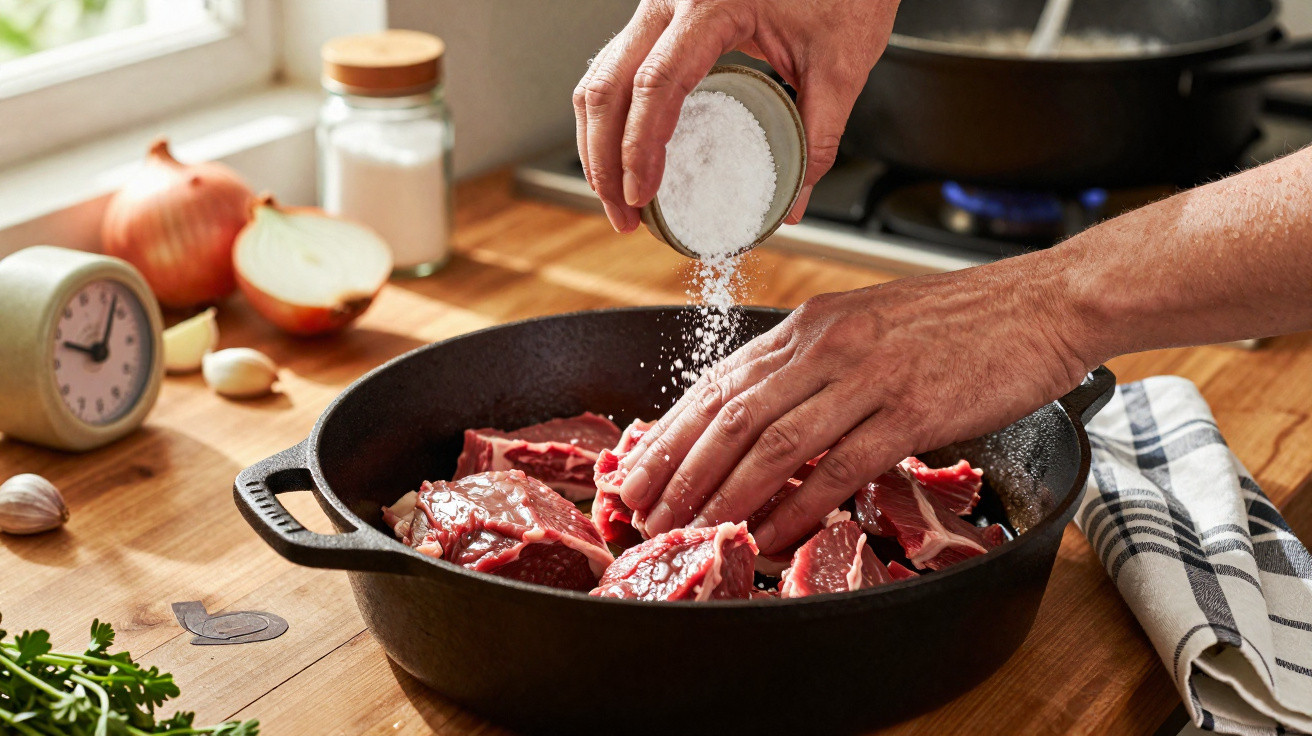 Mãos a temperar carne crua com sal numa panela preta sobre uma mesa de madeira com ingredientes ao fundo.