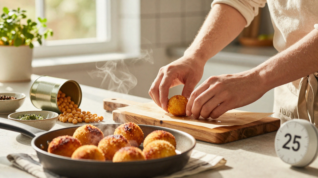 Mãos a preparar bolinhos dourados num tábua de madeira, com grão-de-bico e ervas numa cozinha luminosa.