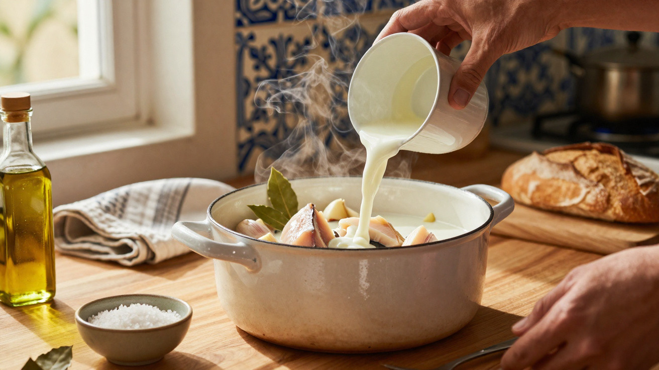 Mãos a verter caldo quente numa panela com legumes, pão e ingredientes numa cozinha rústica.