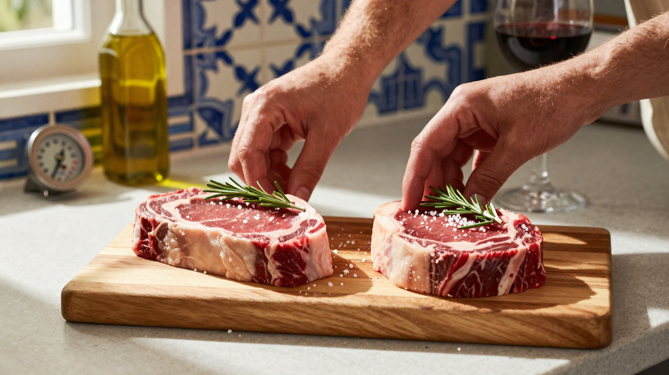 Mãos temperando bifes crus com sal grosso e alecrim numa tábua de madeira numa cozinha iluminada.