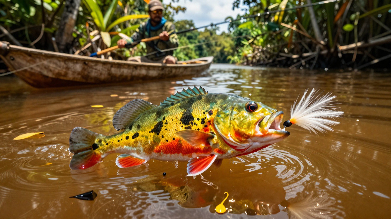 Peixe colorido apanhado com isco de penas em águas barrentas, com pescador e canoa ao fundo entre árvores.