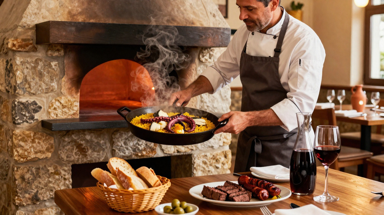 Chef a servir paelha com polvo fumegante numa cozinha rústica com forno a lenha e mesa posta.